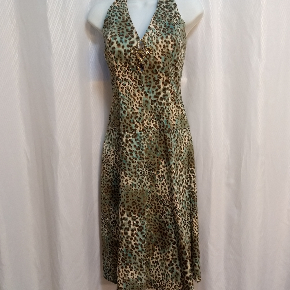 Curtsey Summer Halter-Neck Party Dress, Aqua/Brown/Cream Animal Print, Size 8 - Picture 8 of 15